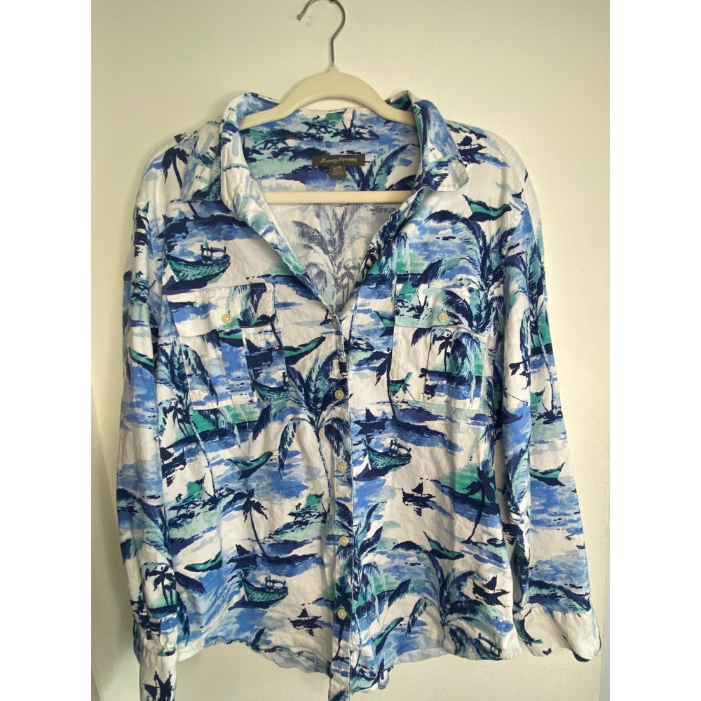 Tommy Bahama Womens Tropical Palm Tree Sailboat Print Button Up Shirt Large Blue